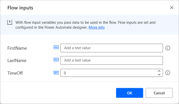 Screenshot della finestra di dialogo Input del flusso.