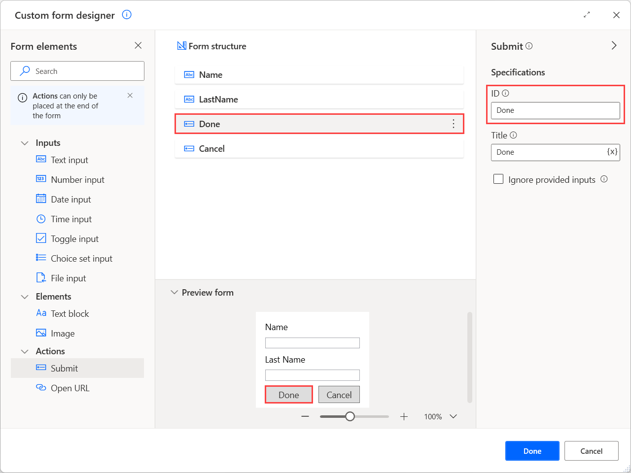 Screenshot dell'azione di un modulo personalizzato configurato.