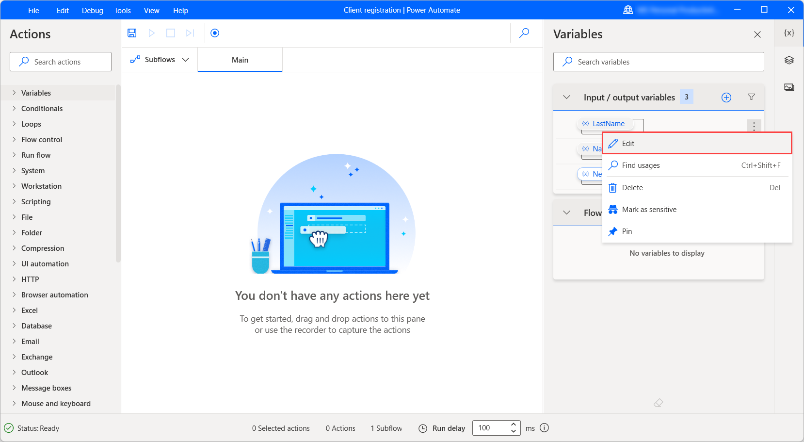 Screenshot dell'opzione per modificare le variabili di input e output.