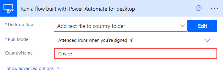 Screenshot delle variabili di input nell'azione Esegui un flusso creato con Power Automate per desktop.