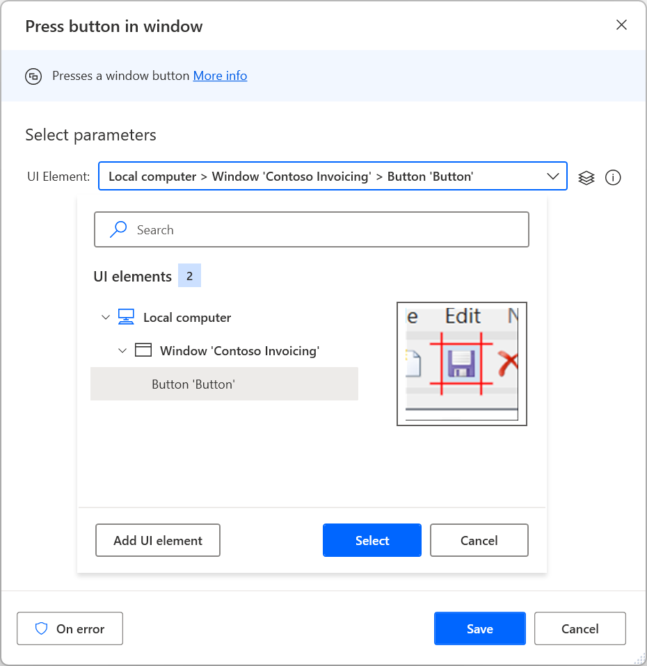 Screenshot degli elementi dell'interfaccia utente nell'azione Premi il pulsante nella finestra.