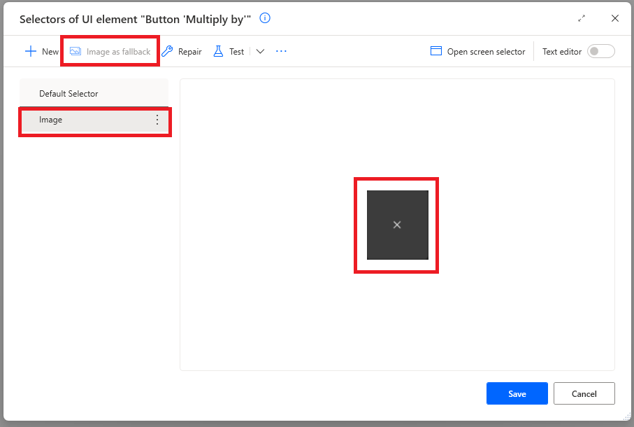 Screenshot del selettore di immagini generato nell'elenco dei selettori degli elementi dell'interfaccia utente.