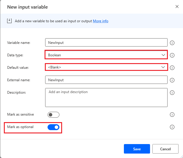 Screenshot della configurazione dell'input della variabile booleana per utilizzare lo spazio vuoto come valore predefinito.