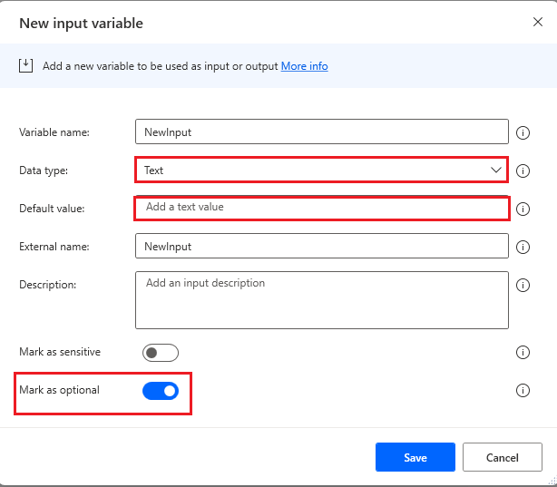 Screenshot della configurazione dell'input della variabile di testo per utilizzare lo spazio vuoto come valore predefinito.