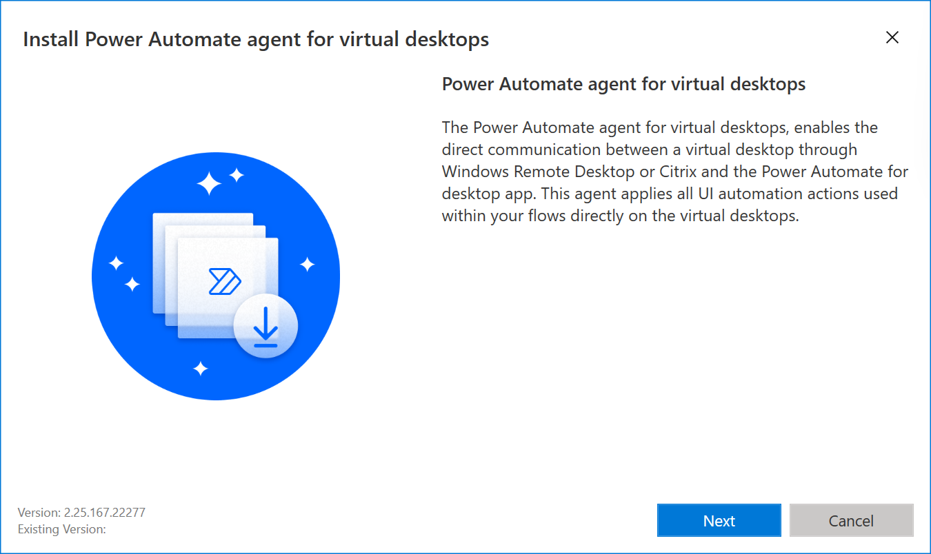 Screenshot dell'agente Power Automate per il programma di installazione del desktop virtuali.