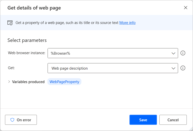 Screenshot dell'azione Ottieni dettagli della pagina Web.