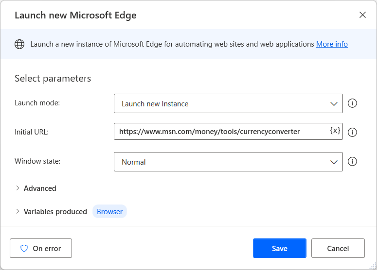 Screenshot dell'azione Avvia nuovo Microsoft Edge.