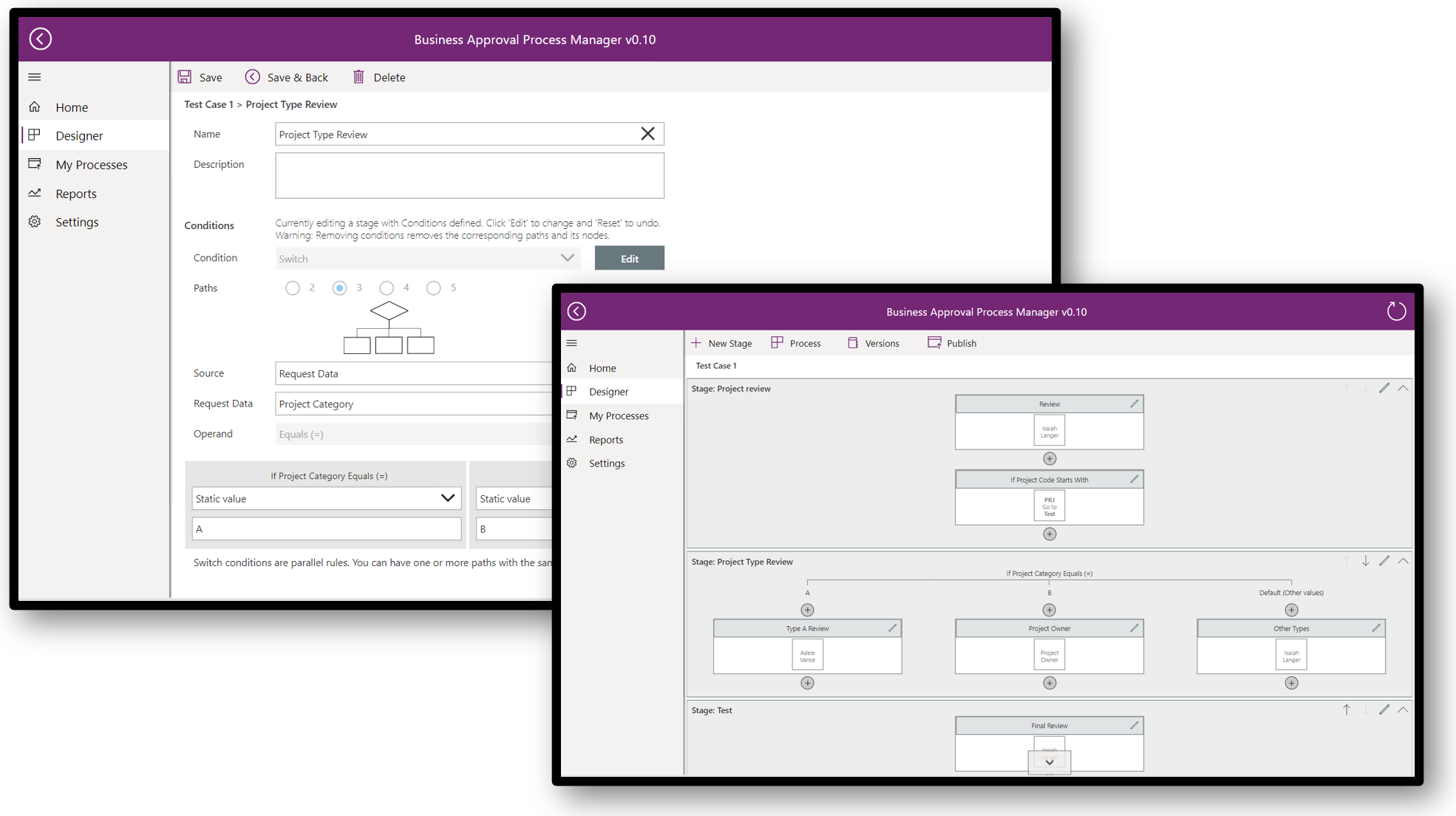 Uno screenshot di gestione delle approvazioni aziendali con la visualizzazione progettazione selezionata e un flusso di processo visualizzato.