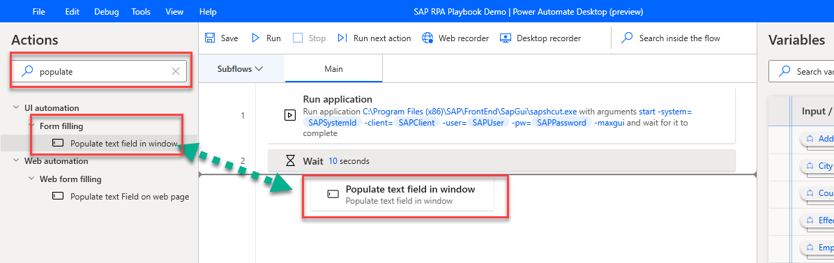 Screenshot dell'aggiunta dell'azione Popola campo di testo nella finestra dopo l'azione Attendi nella finestra di progettazione di Power Automate Desktop.
