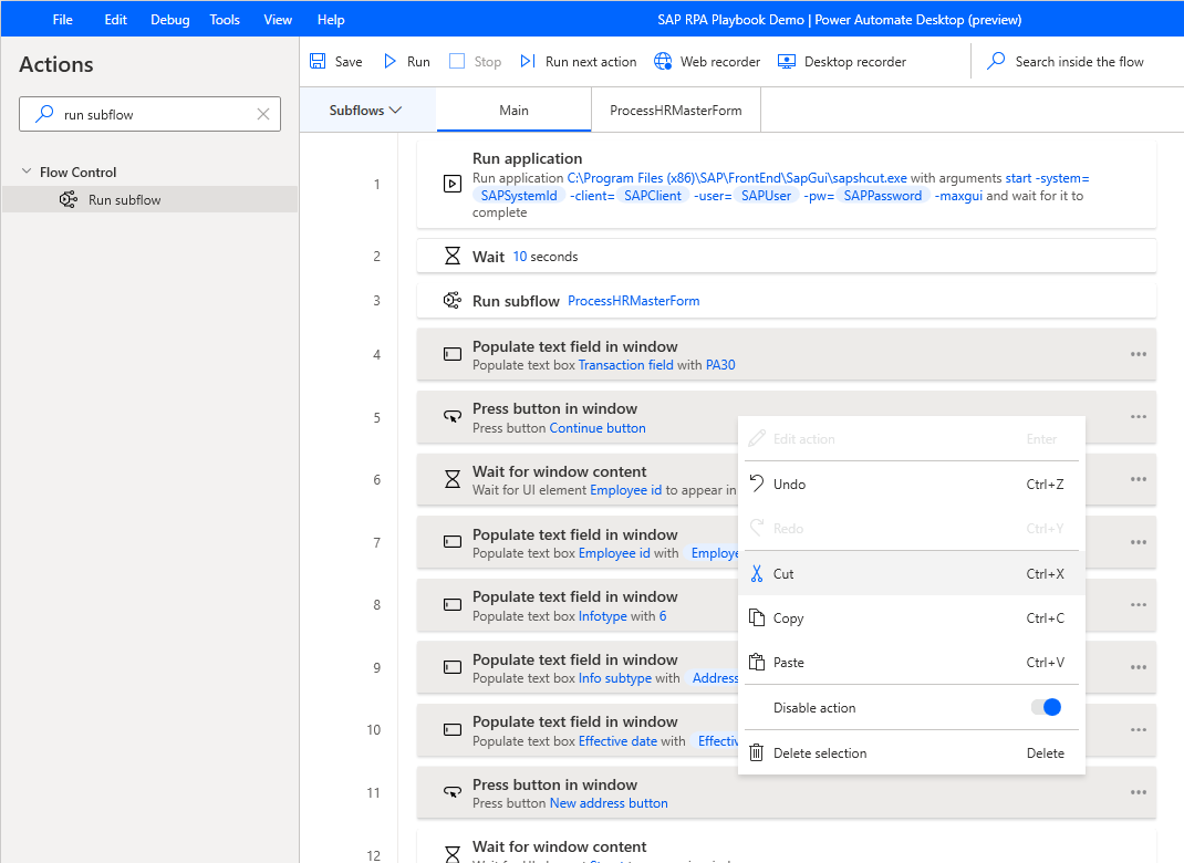 Screenshot della finestra di progettazione di Power Automate Desktop con le righe da 4 a 11 selezionate e il menu di scelta rapida aperto con Taglia selezionato.