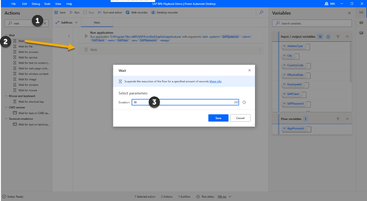 Screenshot della finestra di progettazione di Power Automate Desktop con la finestra di dialogo dell'azione Attendi aperta.