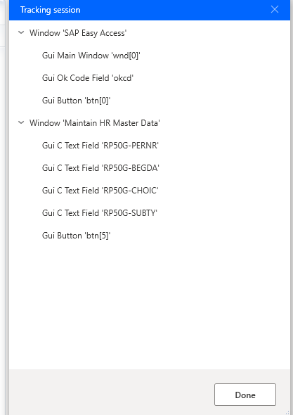 Screenshot della finestra di dialogo Sessione di monitoraggio a cui sono stati aggiunti gli elementi dell'interfaccia utente delle finestre di SAP Easy Access.