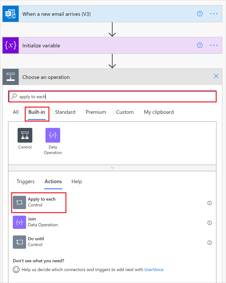 Screenshot dell'aggiunta del ciclo Applica a ogni - Controllo.