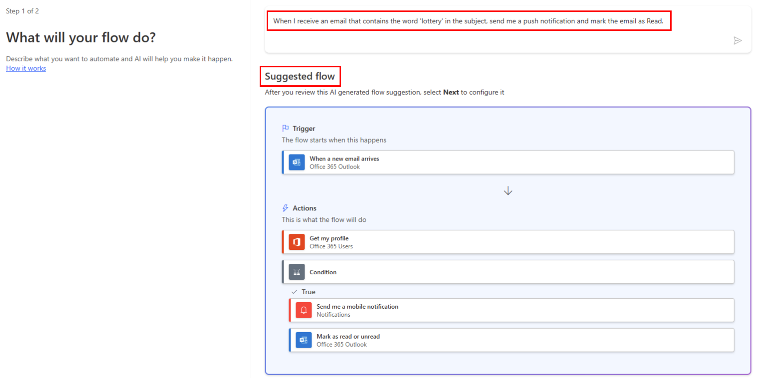 Screenshot dell'attivazione di un flusso cloud in base all'oggetto di un messaggio e-mail in Copilot.