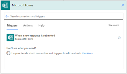 Screenshot del trigger di Microsoft Forms nel canvas di Power Automate.