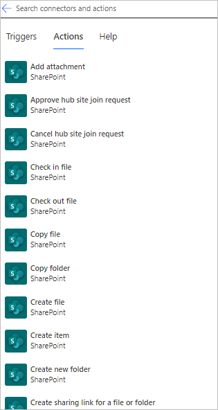 Screenshot che mostra alcune azioni di SharePoint come 