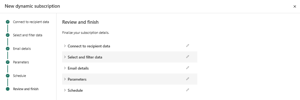 Screenshot del servizio Power BI che mostra la finestra Revisione e fine.