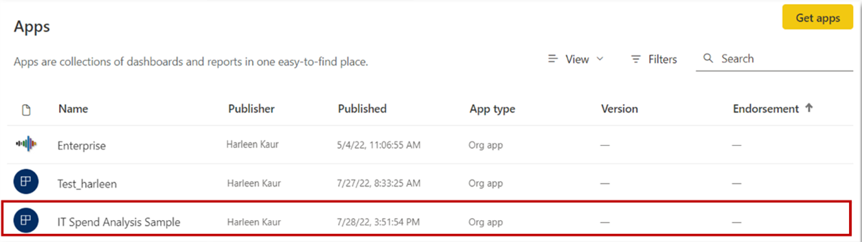 Screenshot delle app di Power BI con l'app pubblicata inclusa.