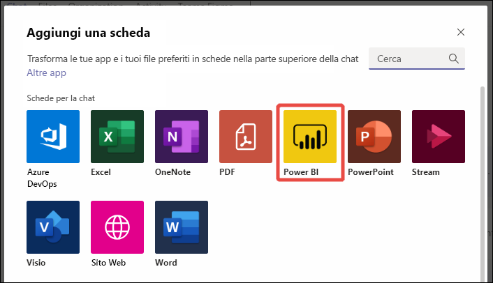 Screenshot dell'elenco delle schede di Microsoft Teams con la scheda Power BI in evidenza.