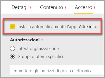 Screenshot del portale di amministrazione di Power BI con l'opzione Installa app selezionata automaticamente.