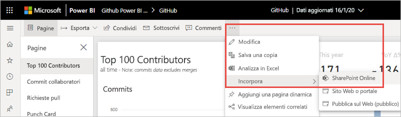 Screenshot che mostra il menu Altre opzioni con SharePoint Online evidenziato.