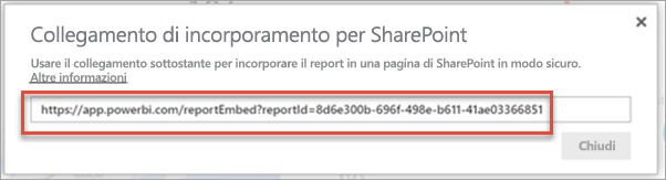 Screenshot della finestra di dialogo Incorpora collegamento con il collegamento al report evidenziato.