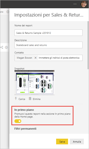 Impostazioni del contenuto in primo piano