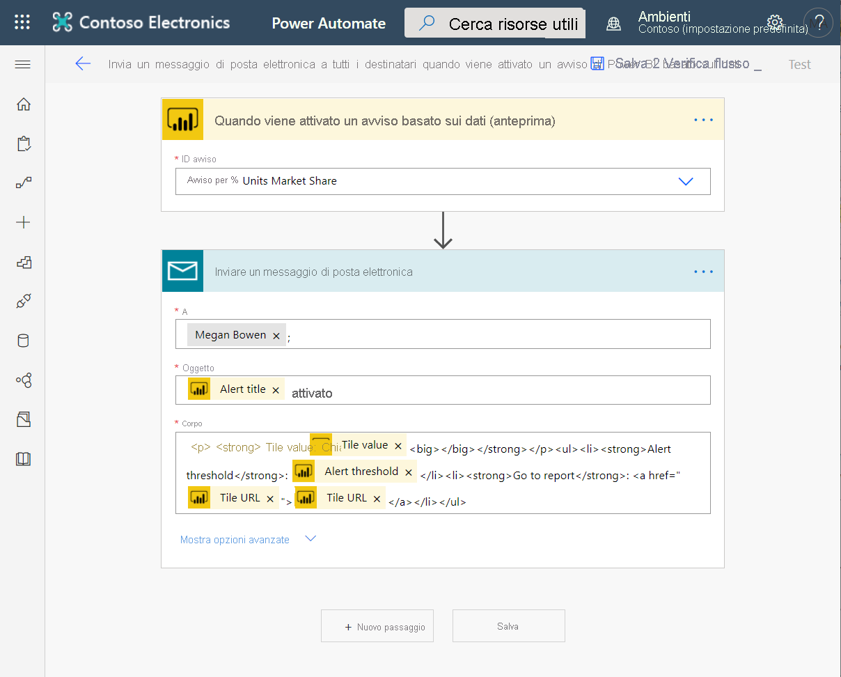 Screenshot che mostra il testo del messaggio di posta elettronica generato automaticamente da Power Automate.