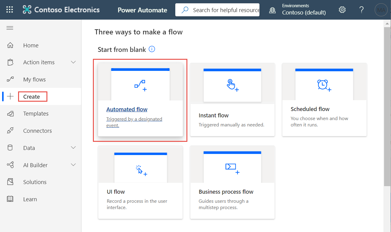 Screenshot della schermata Crea flusso cloud automatizzato di Power Automate >.