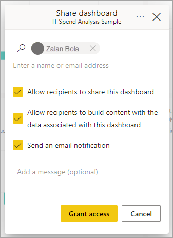 Screenshot della finestra di dialogo Concedi accesso a un dashboard.