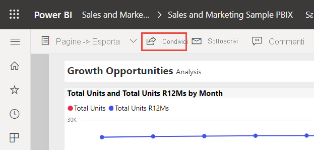 Screenshot del pulsante Condividi sulla barra multifunzione.