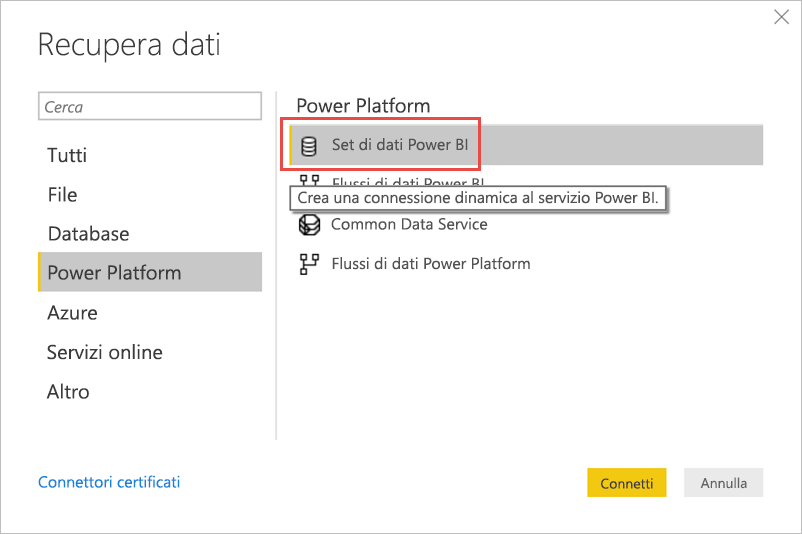 Screenshot del recupero di dati dai modelli semantici di Power BI.