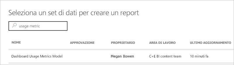 Screenshot della selezione del modello semantico report metriche di utilizzo.