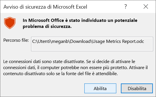 Screenshot dell'avviso di sicurezza di Excel.