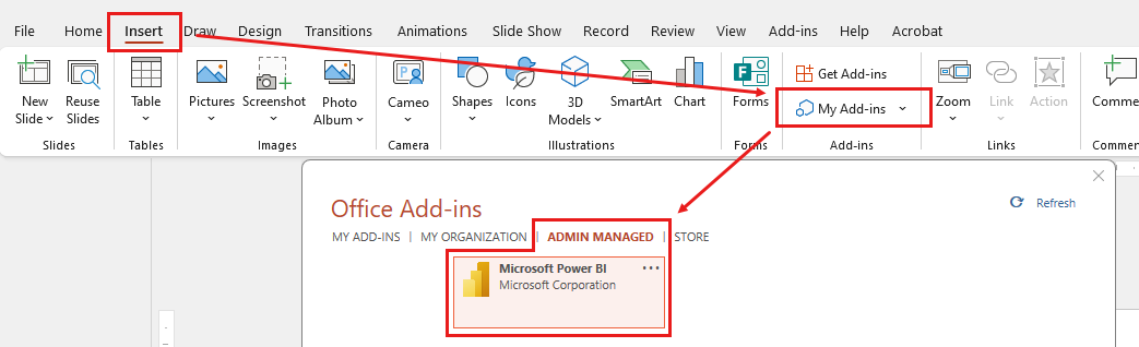 Screenshot che mostra il componente aggiuntivo Microsoft Power BI per PowerPoint come componente aggiuntivo gestito dall'amministratore.