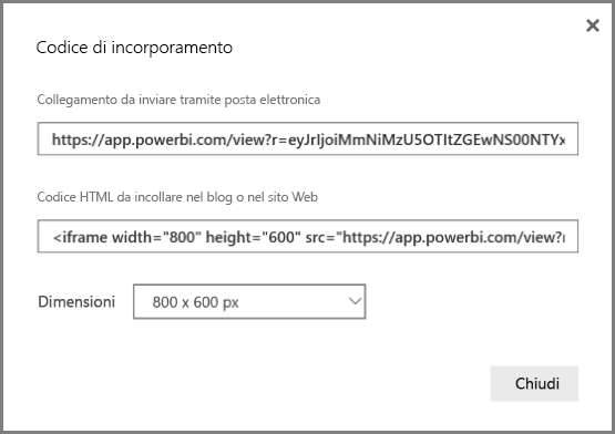screenshot della finestra di dialogo Incorpora codice.