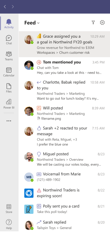 Screenshot che mostra le notifiche di assegnazione delle metriche di Power BI nel feed attività di Microsoft Teams.