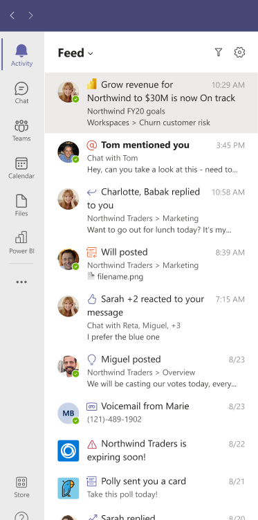 Screenshot che mostra le notifiche di aggiornamento dello stato delle metriche di Power BI nel feed attività di Microsoft Teams.