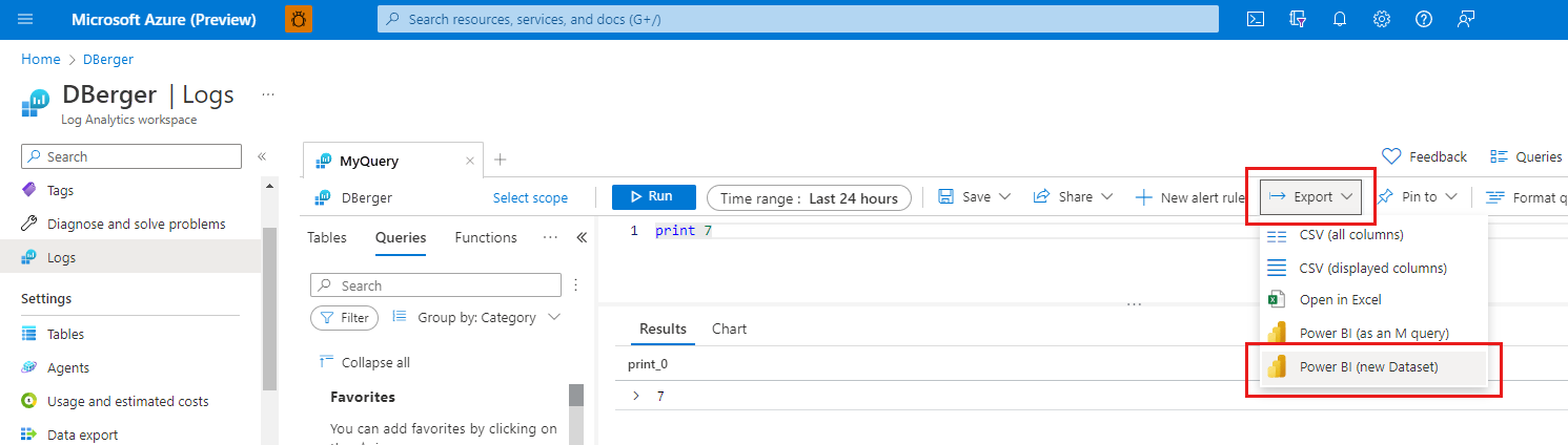 Screenshot che mostra l'opzione Esporta in Power BI nel menu Esporta di Log Analytics.