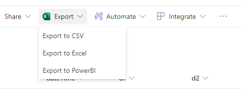 Screenshot che mostra l'opzione Esporta in Power BI nel menu Esporta di SharePoint.