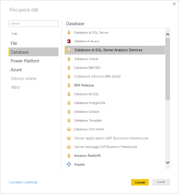 Screenshot che mostra la finestra di dialogo Recupera dati con il database di SQL Server Analysis Services selezionato.