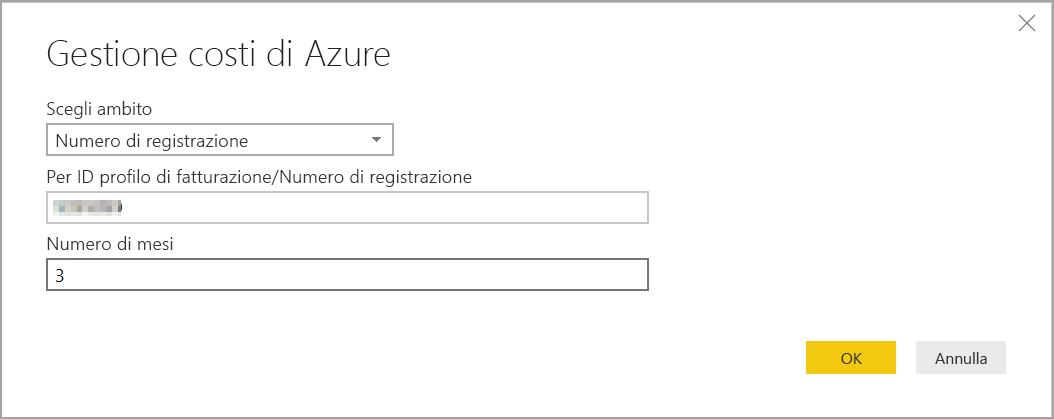 Lo screenshot mostra le proprietà di Gestione costi di Microsoft con l'ambito Numero di registrazione.