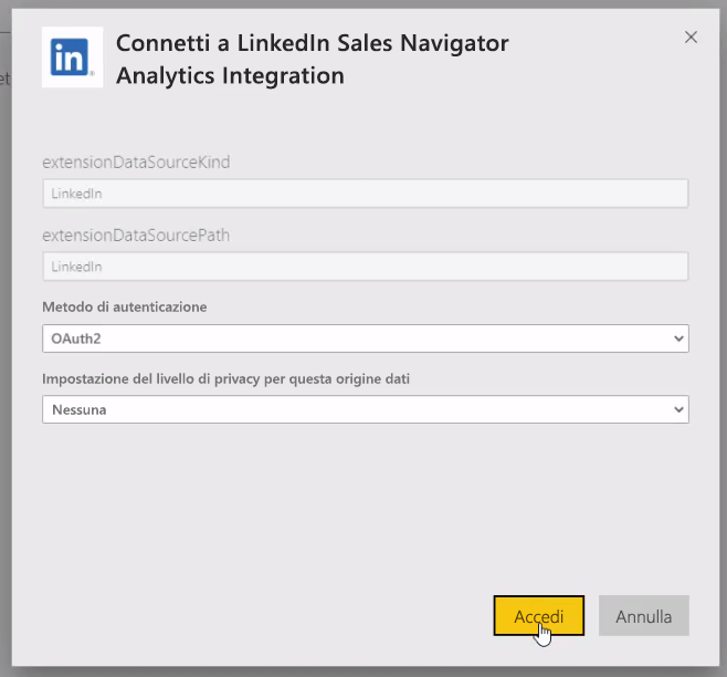 Screenshot che mostra una finestra di dialogo in cui è possibile accedere per connettersi a LinkedIn.