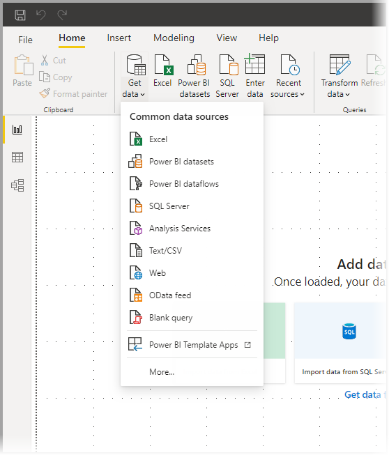 Screenshot che mostra l'elemento Recupera dati e il menù Tipi di dati comuni in Power BI Desktop.