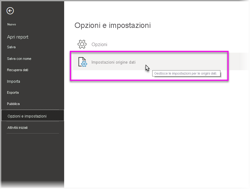 Screenshot che mostra la selezione delle impostazioni origine dati in Opzioni e impostazioni.