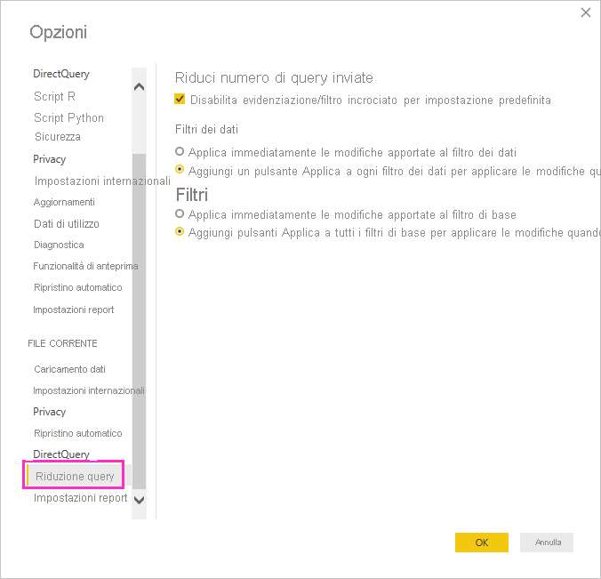 Screenshot che mostra le opzioni di riduzione delle query.