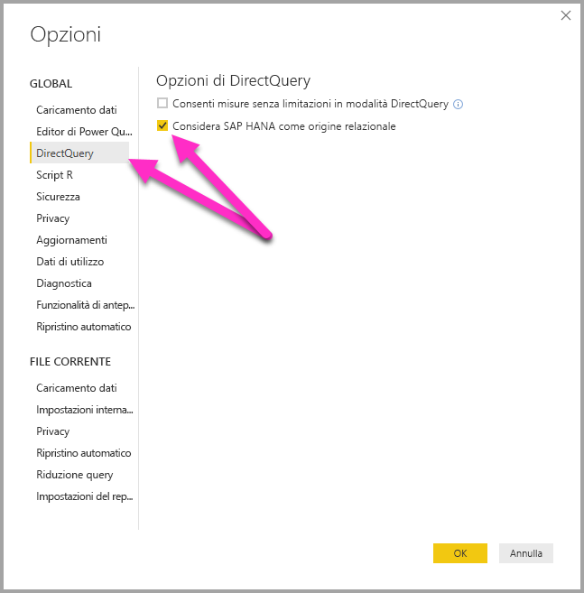 Screenshot della finestra di dialogo Opzioni, che mostra le opzioni di DirectQuery.