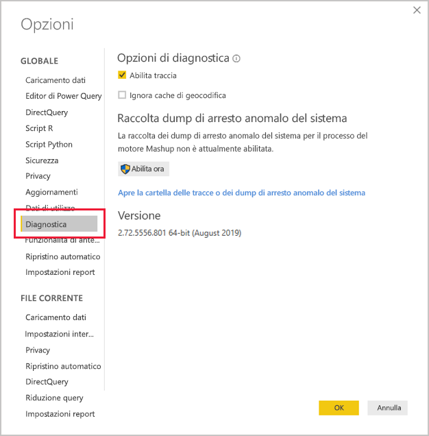 Screenshot della sezione Diagnostica della schermata Opzioni di Power BI Desktop con il collegamento per aprire la cartella dump di arresto anomalo/traccia del sistema.