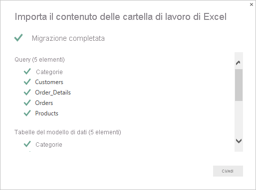 Screenshot che mostra la pagina di riepilogo Importa contenuto della cartella di lavoro di Excel.