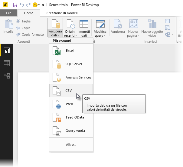 Screenshot of the Get Data ribbon in Power BI Desktop, showing the CSV selection.